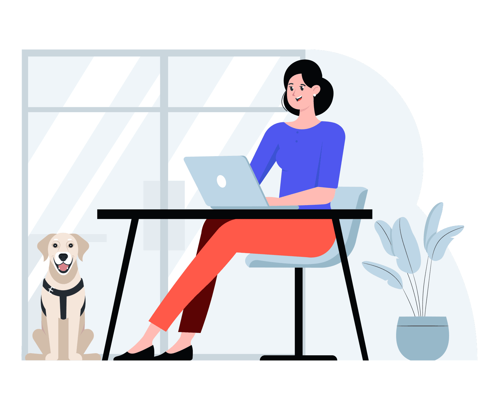 Illustration of a woman giving feedback, working from home with her guide dog by her side.