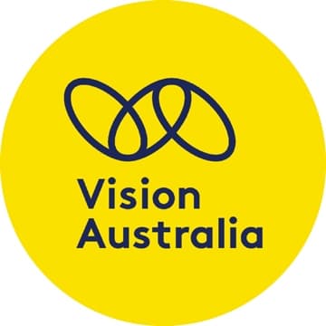 Vision Australia logo featuring an abstract looped design in dark blue on the left, with the text 'Vision Australia' in bold on the right and the tagline 'Blindness. Low Vision. Opportunity.' below in smaller font.