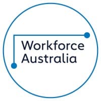 Workforce Australia logo featuring the text 'Workforce Australia' in bold black font, accompanied by a minimalist blue line design with circular nodes at both ends.