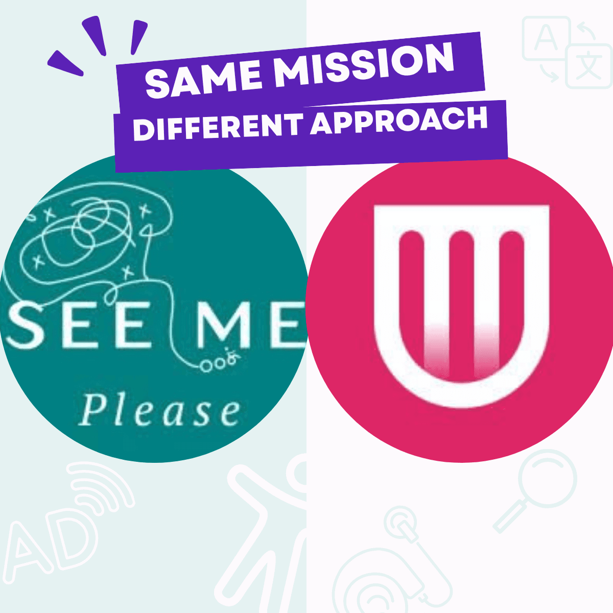 Side-by-side composition of the See Me Please and Fable brand logos with the heading 'Same mission, different approach', framing the two as complementary accessibility user testing platforms that take a disability-led UX research approach.