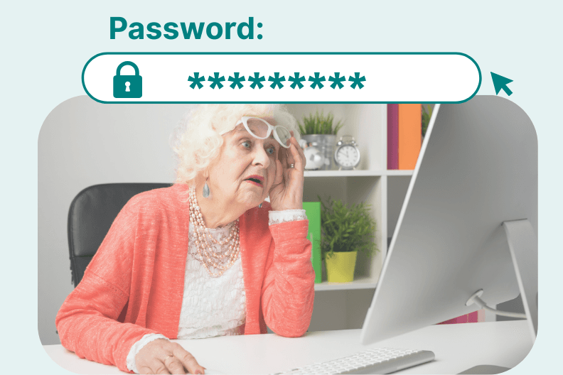 Older woman sitting at a desk, looking confused or frustrated at a desktop computer screen. A large graphic of a password field with a lock icon and masked characters (********) is superimposed above her. The image conveys difficulty or confusion with entering a password.