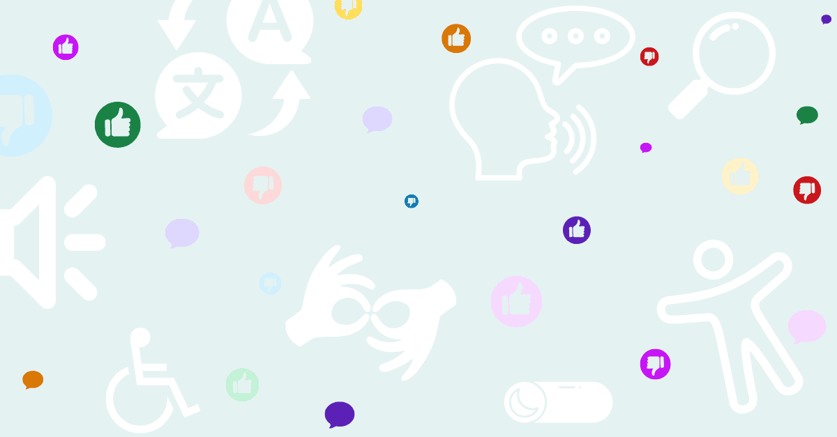 Decorative accessibility iconography illustrating inclusive usability testing concepts: thumbs-up and thumbs-down reactions, speech bubbles, a wheelchair icon, a signing-hand icon, a person figure, a dark-mode toggle, magnifier, speaker mute, translation glyphs, and a speaking-head profile on a pale mint background.