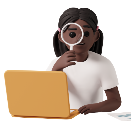 3D cartoon of a young woman with a magnify glass in front of her laptop