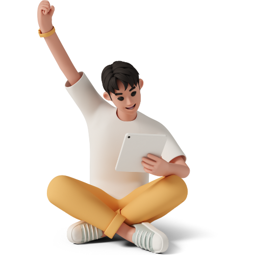 3D cartoon of a younger guy in front of a device with one hand in the air cheering