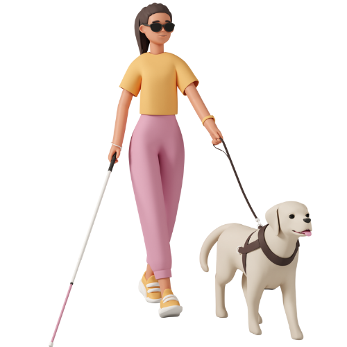 3D cartoon of a young woman with a guide dog