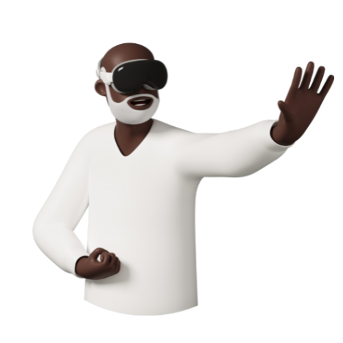 3D cartoon of an older many playing with virtual reality glasses