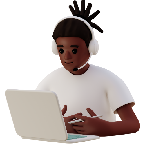 3D cartoon of a young man in front of a laptop